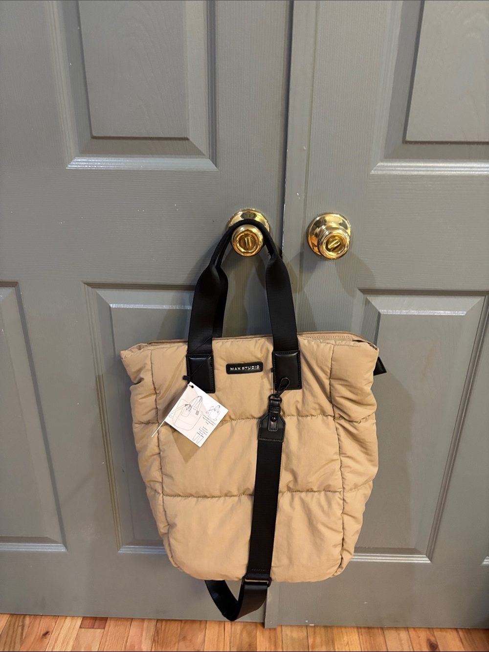 Max Studio Beige Quilted Tote with Black Straps